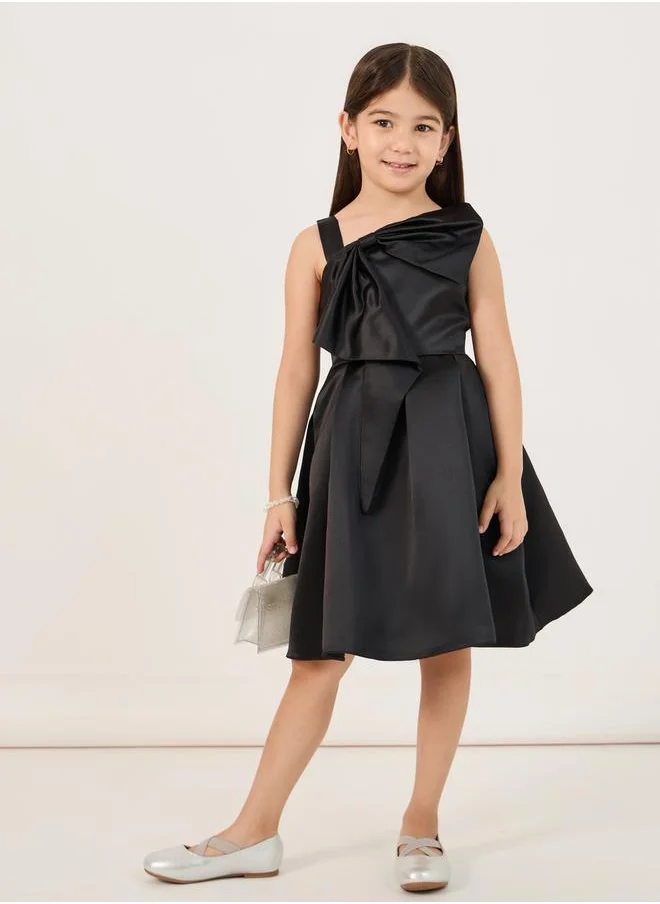 Styli Solid Fit & Flare Knee Length Dress with Bow Detail