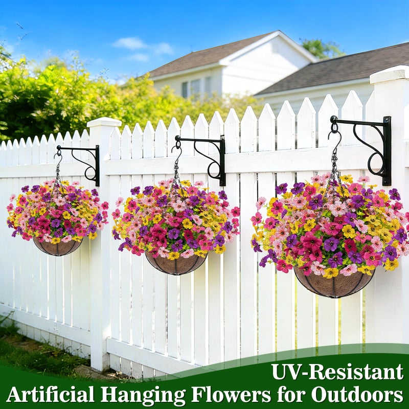 Grandeal 2 Sets Artificial Hanging Plants Flowers Basket Outdoor, Fake Hanging Plants Set of 2 Includes 24 Pcs Flowers for Porch, Patio, Garden, Home Decor in Spring Summer (Red, Purple, Yellow, Rose Red) - Image 5