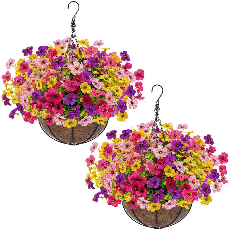 Grandeal 2 Sets Artificial Hanging Plants Flowers Basket Outdoor, Fake Hanging Plants Set of 2 Includes 24 Pcs Flowers for Porch, Patio, Garden, Home Decor in Spring Summer (Red, Purple, Yellow, Rose Red) - Image 1