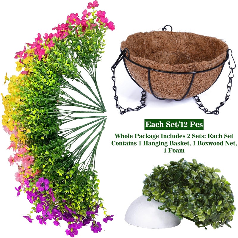 Grandeal 2 Sets Artificial Hanging Plants Flowers Basket Outdoor, Fake Hanging Plants Set of 2 Includes 24 Pcs Flowers for Porch, Patio, Garden, Home Decor in Spring Summer (Red, Purple, Yellow, Rose Red) - Image 3