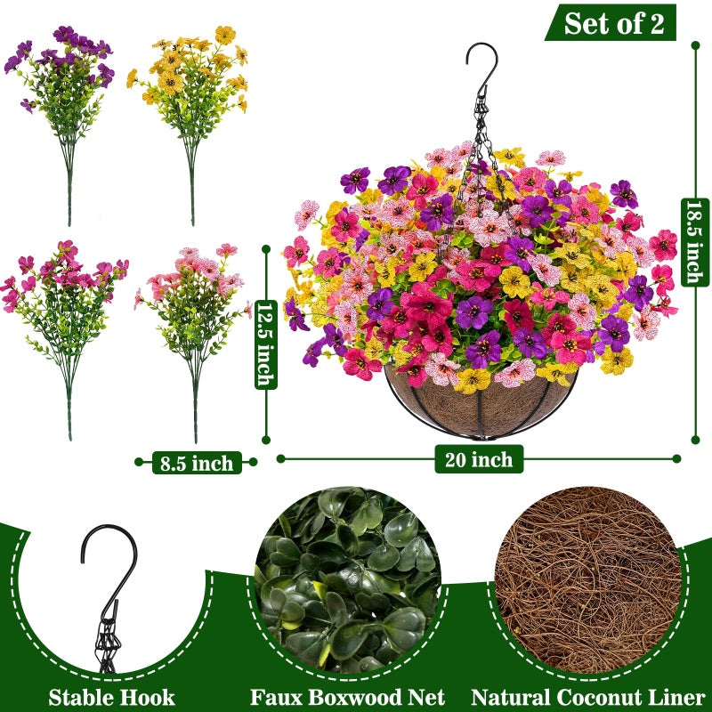 Grandeal 2 Sets Artificial Hanging Plants Flowers Basket Outdoor, Fake Hanging Plants Set of 2 Includes 24 Pcs Flowers for Porch, Patio, Garden, Home Decor in Spring Summer (Red, Purple, Yellow, Rose Red) - Image 2