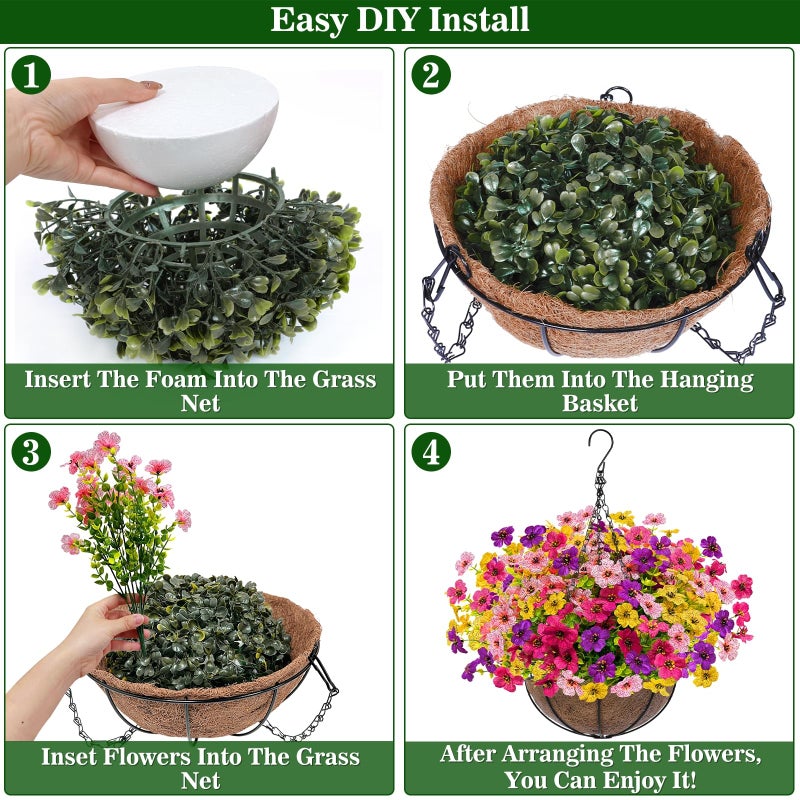 Grandeal 2 Sets Artificial Hanging Plants Flowers Basket Outdoor, Fake Hanging Plants Set of 2 Includes 24 Pcs Flowers for Porch, Patio, Garden, Home Decor in Spring Summer (Red, Purple, Yellow, Rose Red) - Image 4