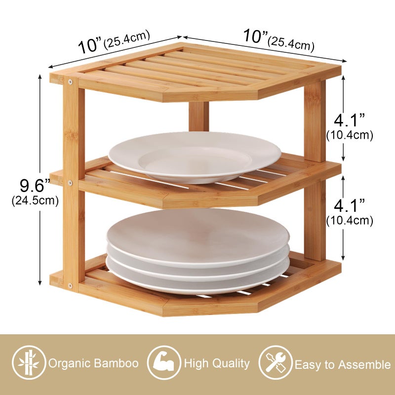 VERTORGAN 3 Tier Bamboo Corner Shelf(2 Pack),Plate Organizer,Dish Drying Rack,Kitchen Spice Rack for Countertop and Cabinet - Image 2