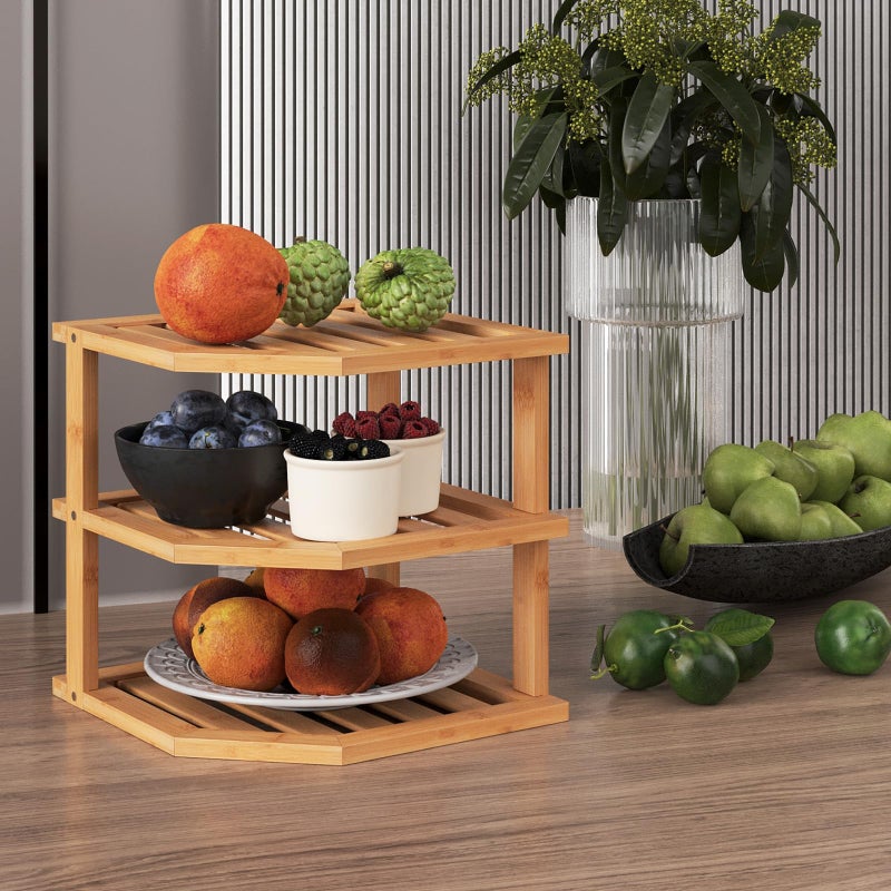 VERTORGAN 3 Tier Bamboo Corner Shelf(2 Pack),Plate Organizer,Dish Drying Rack,Kitchen Spice Rack for Countertop and Cabinet - Image 5