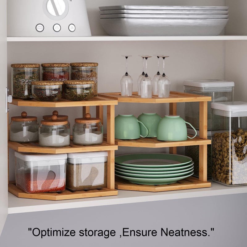 VERTORGAN 3 Tier Bamboo Corner Shelf(2 Pack),Plate Organizer,Dish Drying Rack,Kitchen Spice Rack for Countertop and Cabinet - Image 4