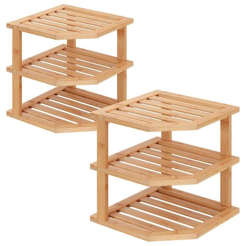 VERTORGAN 3 Tier Bamboo Corner Shelf(2 Pack),Plate Organizer,Dish Drying Rack,Kitchen Spice Rack for Countertop and Cabinet - Image 1
