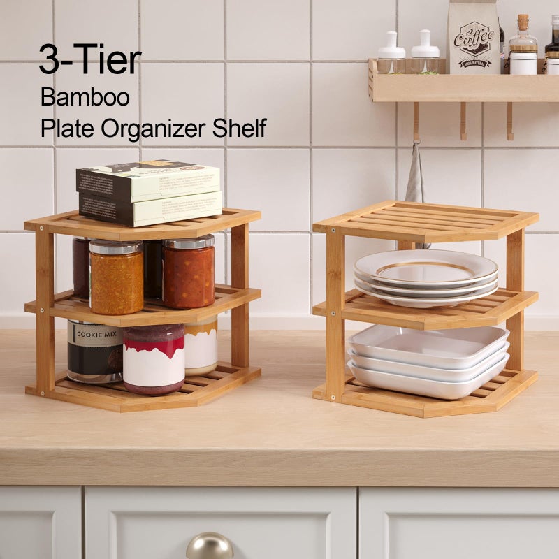 VERTORGAN 3 Tier Bamboo Corner Shelf(2 Pack),Plate Organizer,Dish Drying Rack,Kitchen Spice Rack for Countertop and Cabinet - Image 3