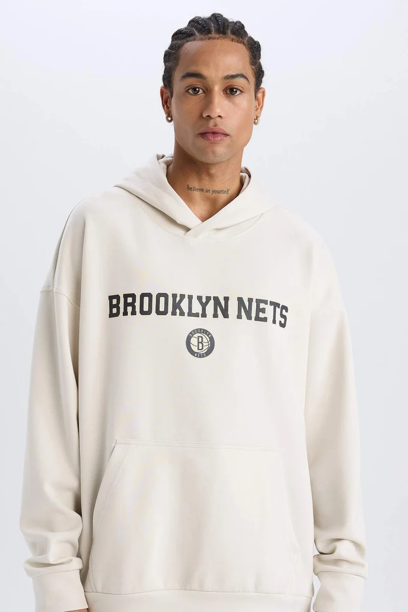 ديفاكتو DeFactoFit NBA Brooklyn Nets Oversize Fit Hooded Scuba Fabric Sports Sweatshirt