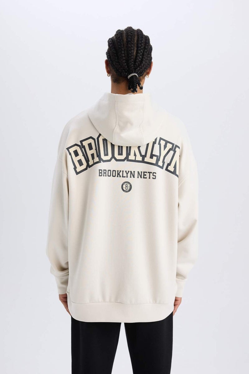 DeFactoFit NBA Brooklyn Nets Oversize Fit Hooded Scuba Fabric Sports Sweatshirt - Image 3
