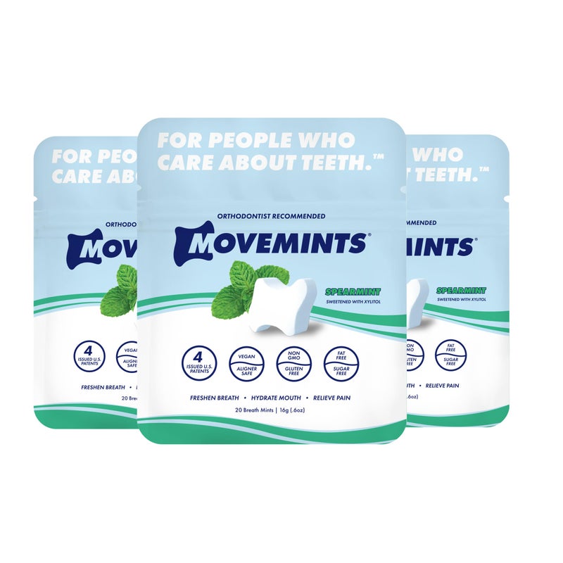 Movemints Clear Aligner Mints Patented Edible Alternative to Chewies Freshen Breath and Improve Dry Mouth with Xylitol Spearmint 3 Pack - Image 1