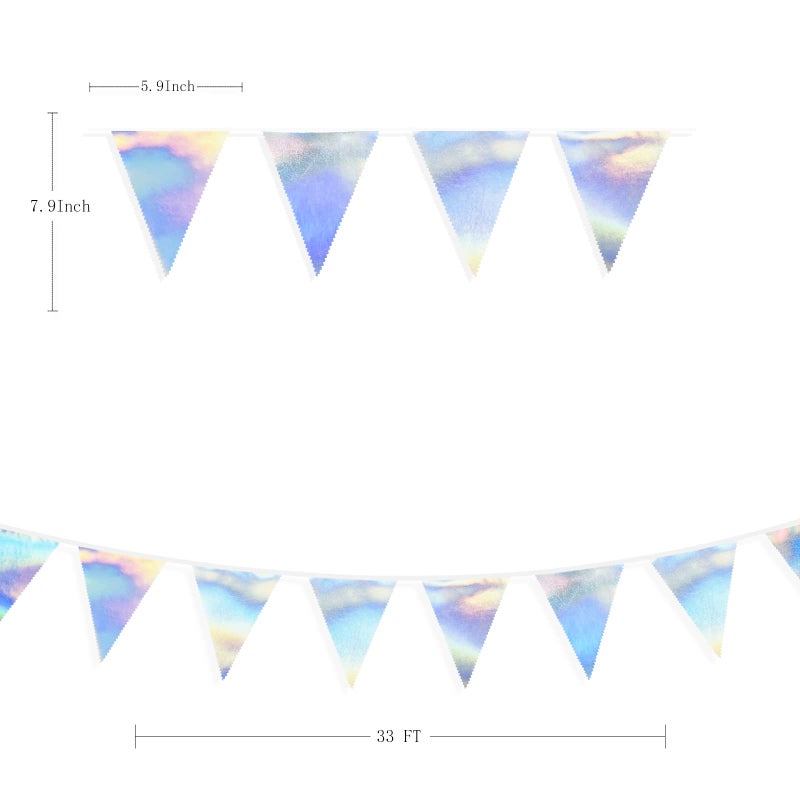 pinkblume 33Ft Iridescent Party Decoration Holographic Fabric Triangle Pennant Banner Flag Cotton Bunting Garland for Birthday Wedding Bridal Shower Bachelorette Engagement Disco Euphoria Galaxy Party Supplies - Image 2