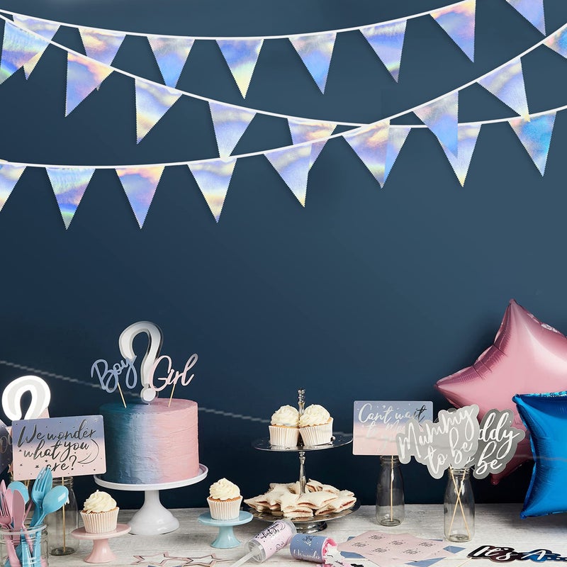 pinkblume 33Ft Iridescent Party Decoration Holographic Fabric Triangle Pennant Banner Flag Cotton Bunting Garland for Birthday Wedding Bridal Shower Bachelorette Engagement Disco Euphoria Galaxy Party Supplies - Image 5