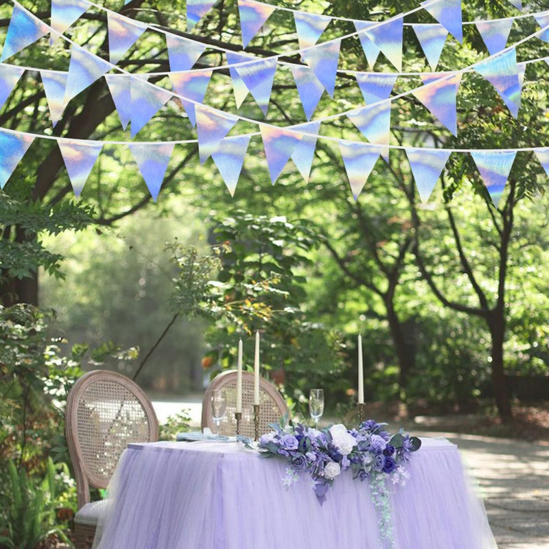 pinkblume 33Ft Iridescent Party Decoration Holographic Fabric Triangle Pennant Banner Flag Cotton Bunting Garland for Birthday Wedding Bridal Shower Bachelorette Engagement Disco Euphoria Galaxy Party Supplies - Image 3