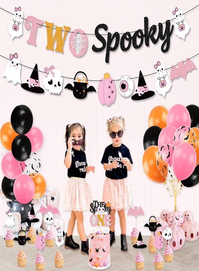 K KUMEED Pink Halloween 2nd Birthday Decorations,Two Spooky Themed Banner,Cute Ghost Eyeballs Hat Cake Topper and Latex Balloons for Girls Halloween 2 Year Old Party Supplies - Image 4