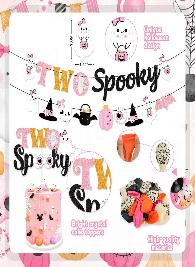 K KUMEED Pink Halloween 2nd Birthday Decorations,Two Spooky Themed Banner,Cute Ghost Eyeballs Hat Cake Topper and Latex Balloons for Girls Halloween 2 Year Old Party Supplies - Image 3