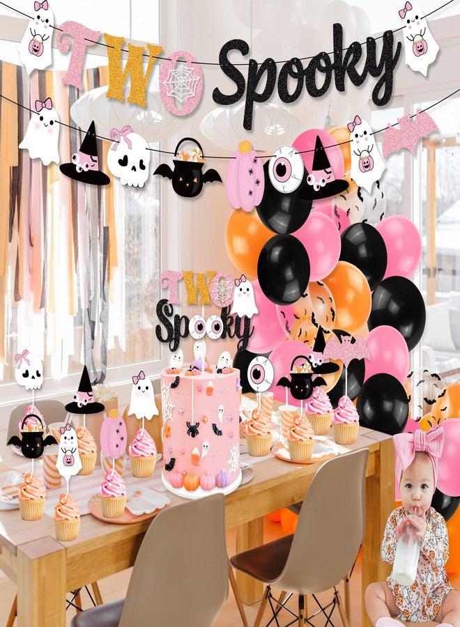 K KUMEED Pink Halloween 2nd Birthday Decorations,Two Spooky Themed Banner,Cute Ghost Eyeballs Hat Cake Topper and Latex Balloons for Girls Halloween 2 Year Old Party Supplies - Image 5