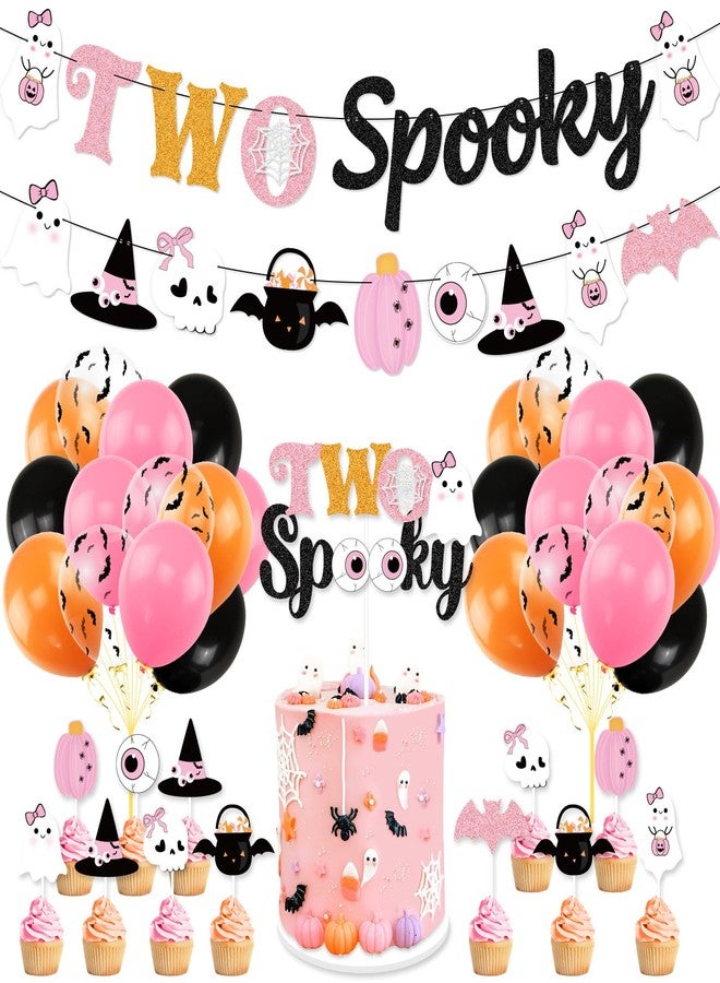 K KUMEED Pink Halloween 2nd Birthday Decorations,Two Spooky Themed Banner,Cute Ghost Eyeballs Hat Cake Topper and Latex Balloons for Girls Halloween 2 Year Old Party Supplies - Image 1