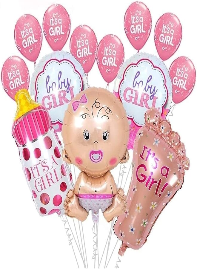 Baby Girl Balloon 13 pcs Set / Large Baby Bottle Feet Balloon Decoration / Foil Latex