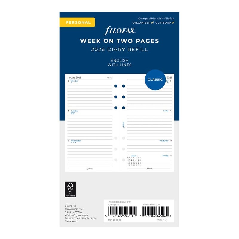FILOFAX إعادة تعبئة مفكرة فيلوفاكس، حجم شخصي/مضغوط، عرض أسبوعي، ورق أبيض، مسطر، إنجليزي، 2026 (C68418-26) - Image 2