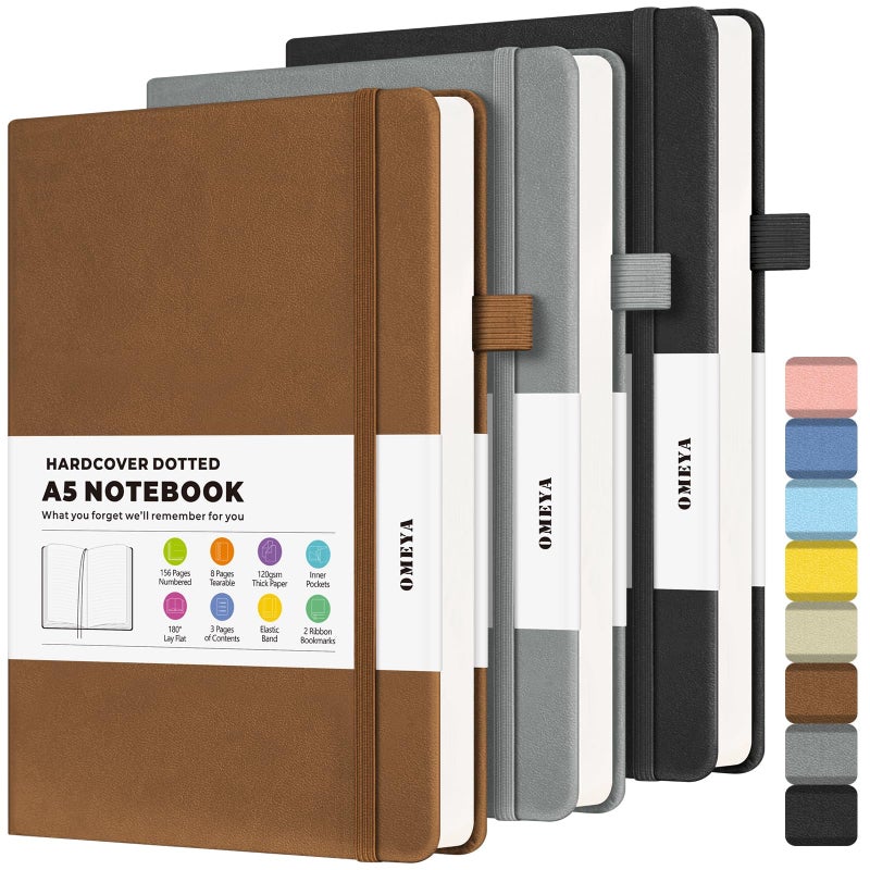 OMEYA Bullet Dotted Journal Notebook 3 Pack, A5 Dotted Journal with 120gsm Paper, Leather Dotted Notebook, Hardcover Dot Grid Notebook Each with 156 Nmubered Pages, Dot Journal for Women, Men 5.75" Ã— 8.38" - Image 1
