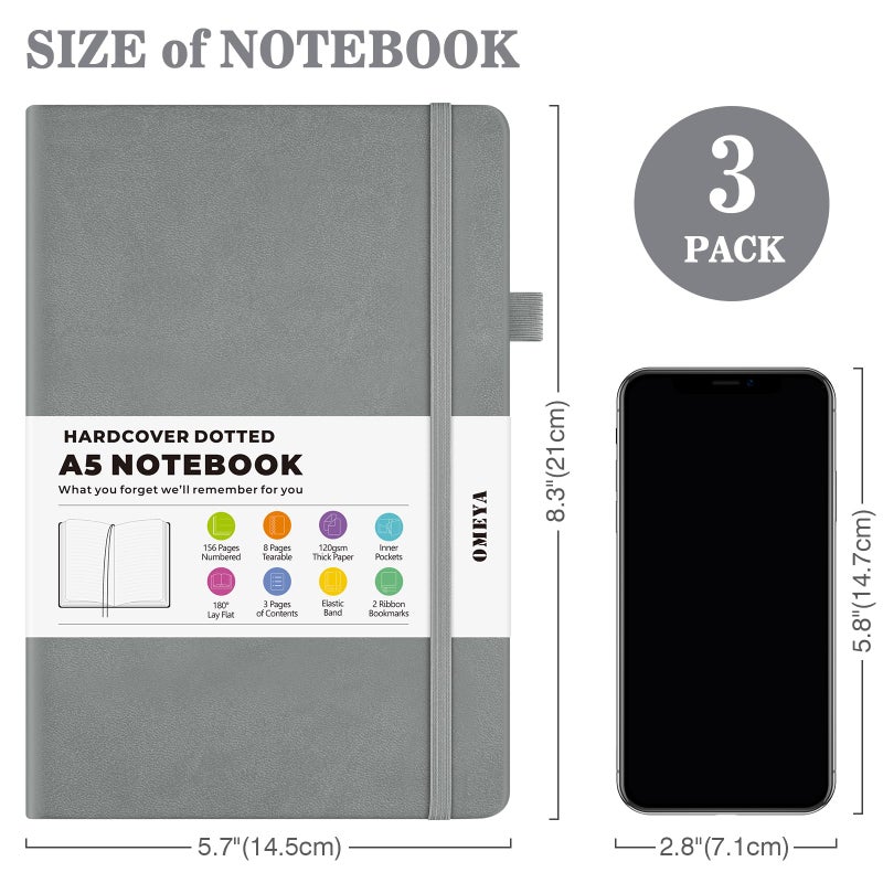 OMEYA Bullet Dotted Journal Notebook 3 Pack, A5 Dotted Journal with 120gsm Paper, Leather Dotted Notebook, Hardcover Dot Grid Notebook Each with 156 Nmubered Pages, Dot Journal for Women, Men 5.75" Ã— 8.38" - Image 5