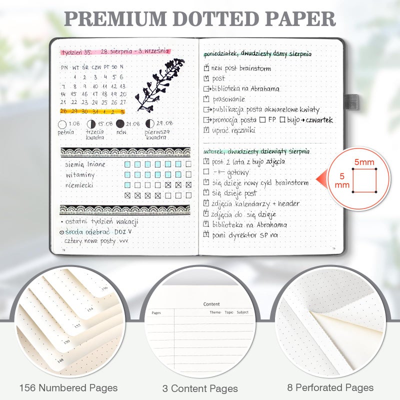 OMEYA Bullet Dotted Journal Notebook 3 Pack, A5 Dotted Journal with 120gsm Paper, Leather Dotted Notebook, Hardcover Dot Grid Notebook Each with 156 Nmubered Pages, Dot Journal for Women, Men 5.75" Ã— 8.38" - Image 3