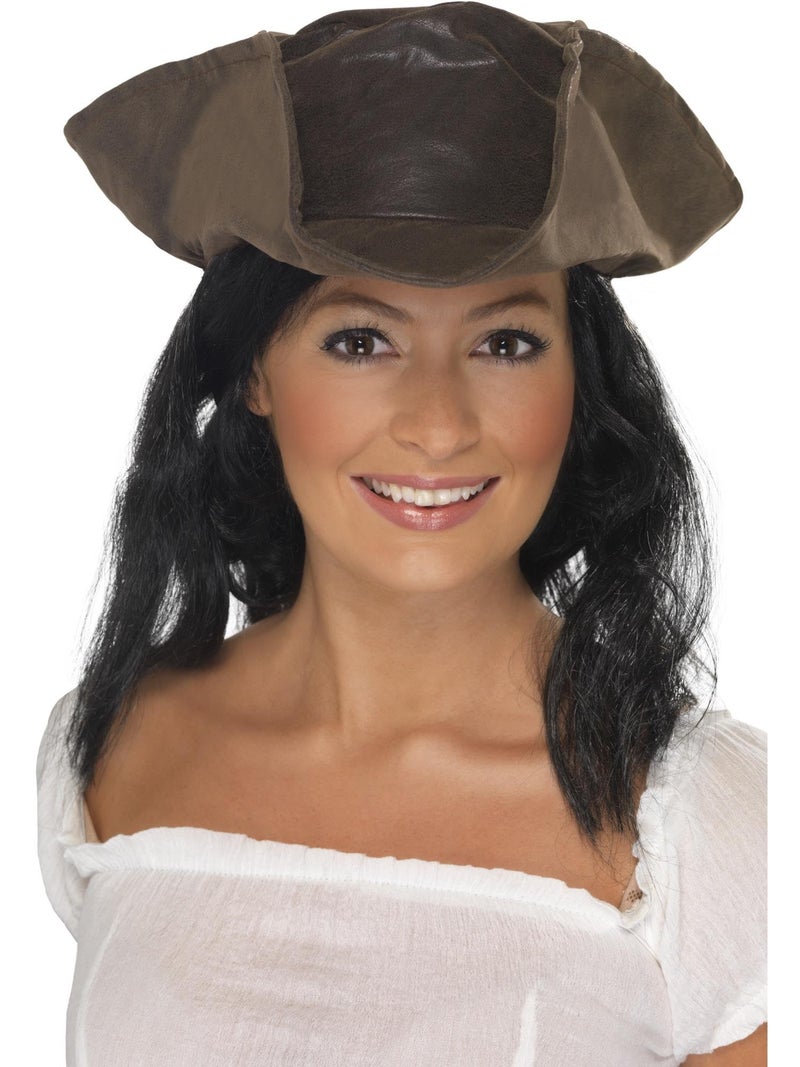 Smiffys Smiffys Leather Look Pirate Hat Hair - Brown with Black - Image 1