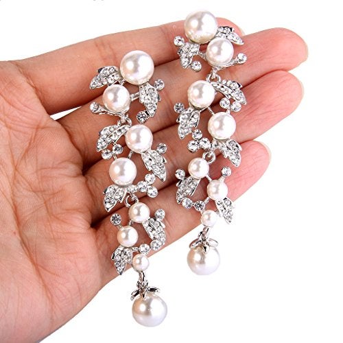 EVER FAITH Austrian Crystal Wedding Jewelry White Simulated Pearl Leaf Bridal Dangle Earrings for Women Bride Clear Silver-Tone - Image 4