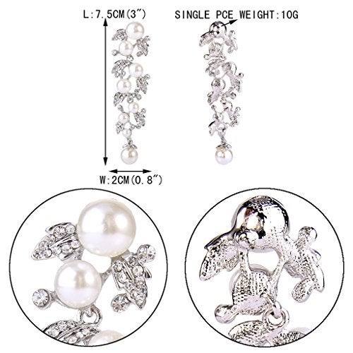 EVER FAITH Austrian Crystal Wedding Jewelry White Simulated Pearl Leaf Bridal Dangle Earrings for Women Bride Clear Silver-Tone - Image 5