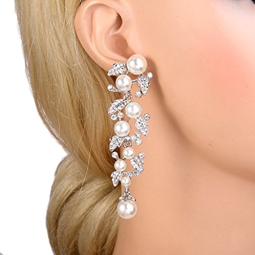EVER FAITH Austrian Crystal Wedding Jewelry White Simulated Pearl Leaf Bridal Dangle Earrings for Women Bride Clear Silver-Tone - Image 2