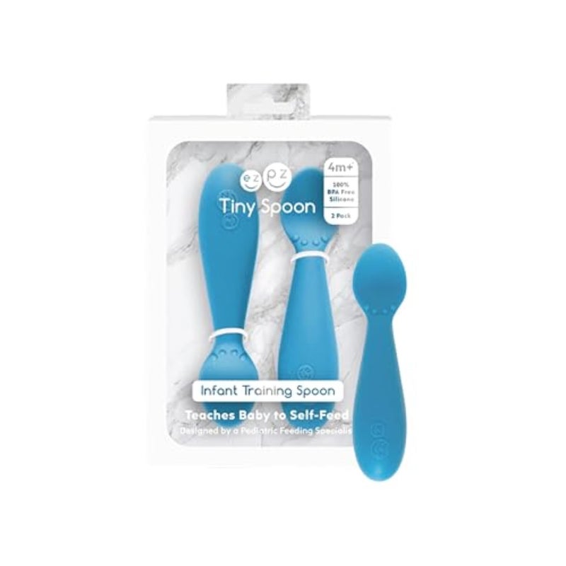 ezpz Tiny Spoon 2 Pack in Blue 100 Silicone Spoon for Baby Led Weaning Purees 6 Months Designed by a Pediatric Feeding Specialist Shower Essentials Gifts
