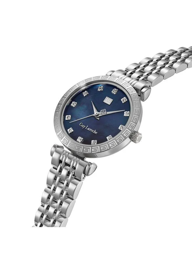 Guy Laroche Elodie Blue Mother of Pearl Dial Silver Metal Bracelet Analog Watch for Women 32mm