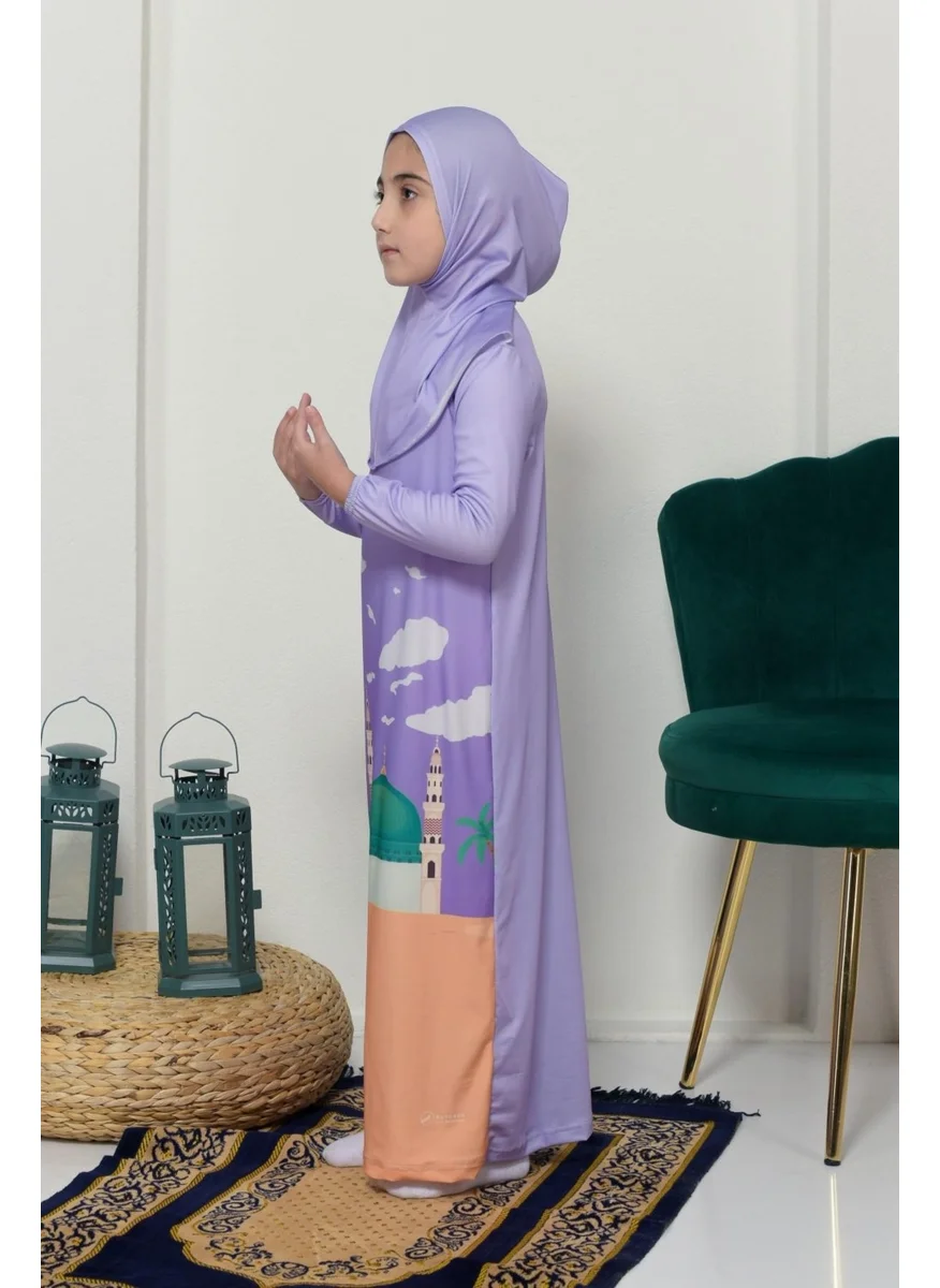 التوبة Children's Prayer Set Practical One Piece Patterned Sleeves Removable Headscarf Lycra Hijab Dress (6-12 Years) 925-0301