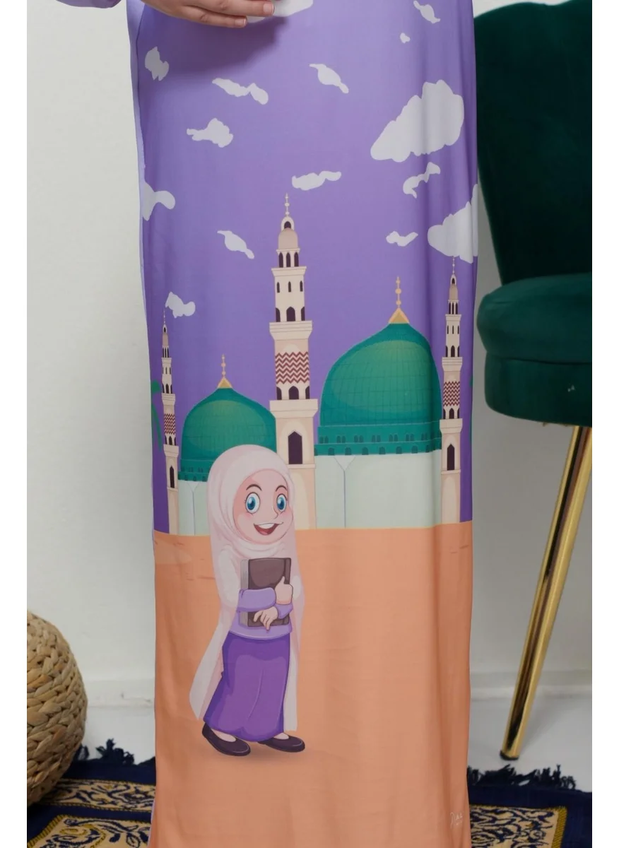 Altobeh Children's Prayer Set Practical One Piece Patterned Sleeves Removable Headscarf Lycra Hijab Dress (6-12 Years) 925-0301
