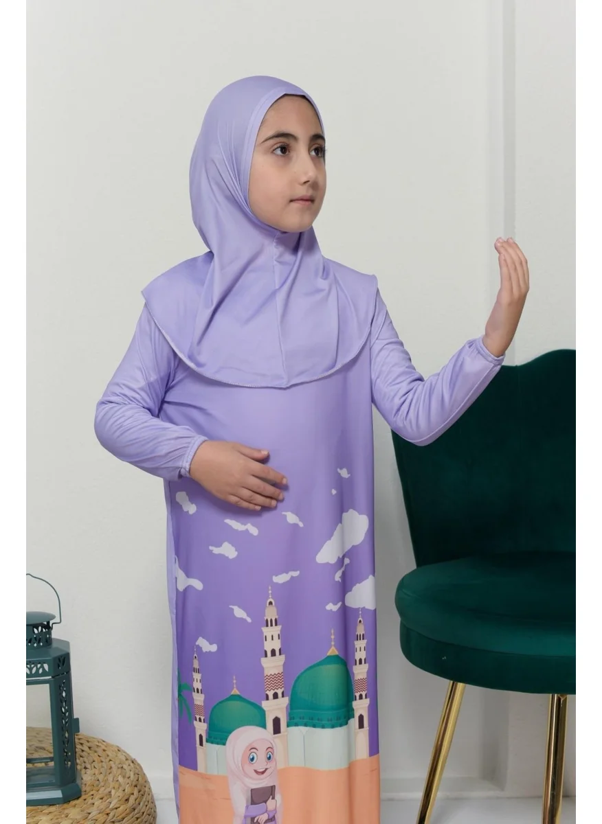 Altobeh Children's Prayer Set Practical One Piece Patterned Sleeves Removable Headscarf Lycra Hijab Dress (6-12 Years) 925-0301