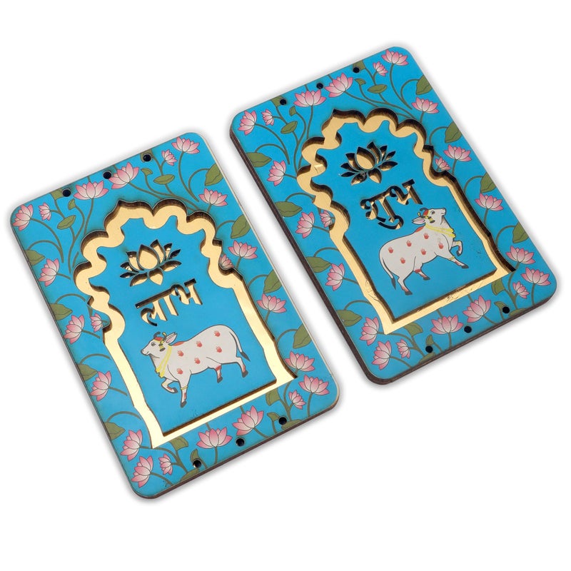 ProKart MDF 3 Inch Lotus & Cow Shubh Labh for Door Entrance | Cow Shubh Labh hangings for Puja Return Gifts | Decorative Hangings for Navratri & Diwali Décor (Lotus Cow - Blue 1 Pair) - Image 5