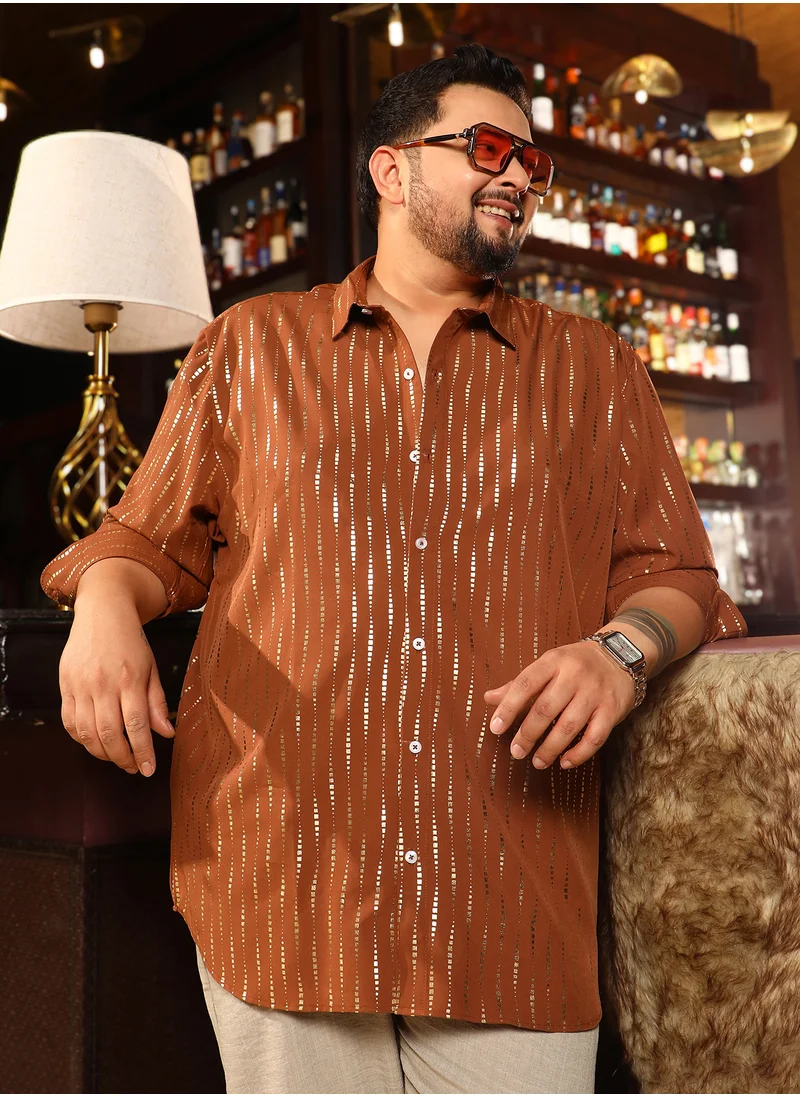 انستافاب بلس Instafab Plus Men's Terracotta Brown Metallic-Vined Shirt For Casual Wear | Spread Collar | Long Cuffed Sleeves | Button Closure | Plus Size Shirt Crafted With Comfort Fit For Everyday Wear