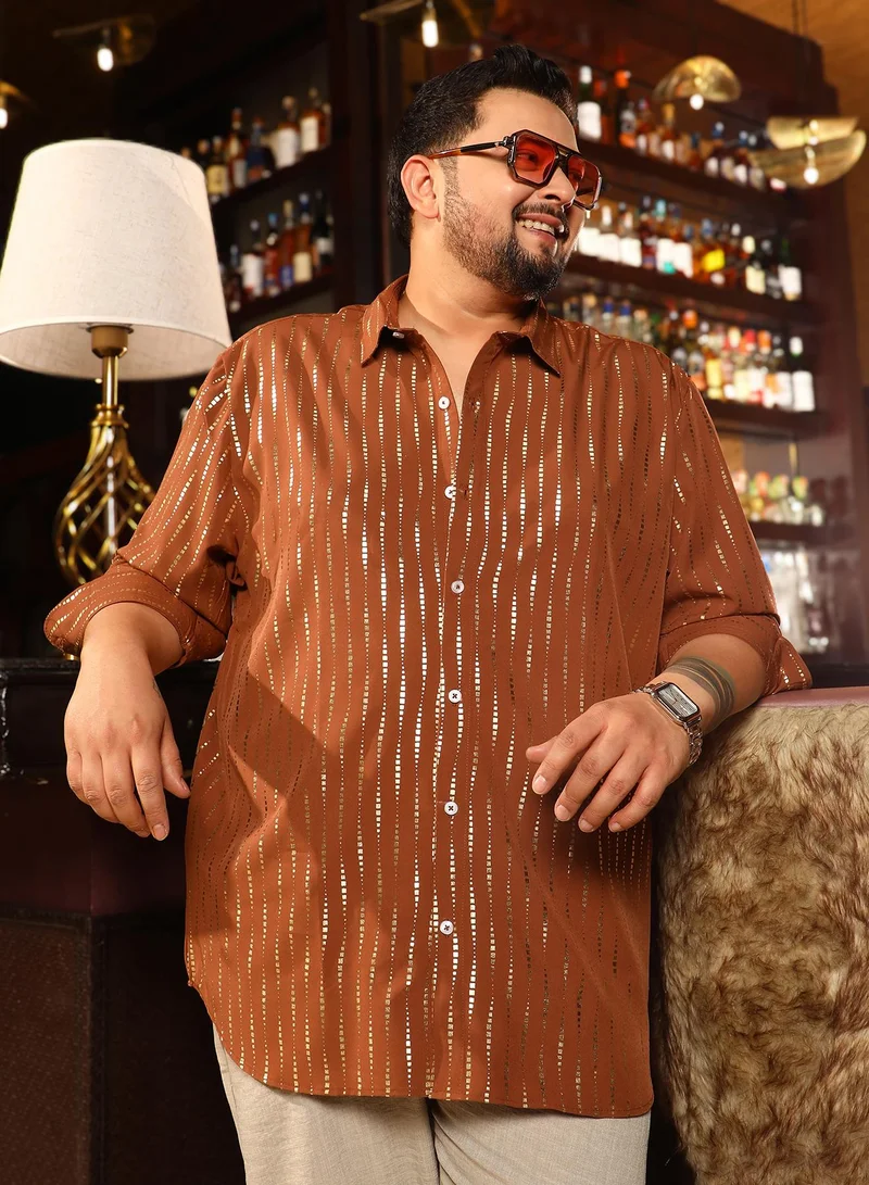 انستافاب بلس Instafab Plus Men's Terracotta Brown Metallic-Vined Shirt For Casual Wear | Spread Collar | Long Cuffed Sleeves | Button Closure | Plus Size Shirt Crafted With Comfort Fit For Everyday Wear