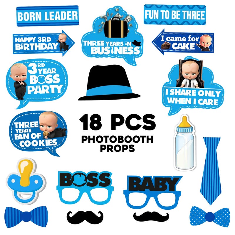 Zyozique Zyozique Boss Baby 3rd Birthday Photo Booth Props 18 Pieces with Wooden Sticks for Boss Baby 3rd Birthday Party Decorations,Baby Boss Party Supplies - Image 2