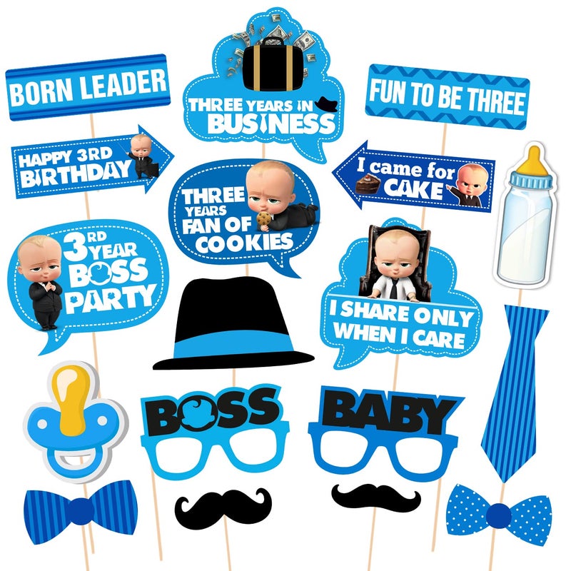 Zyozique Zyozique Boss Baby 3rd Birthday Photo Booth Props 18 Pieces with Wooden Sticks for Boss Baby 3rd Birthday Party Decorations,Baby Boss Party Supplies - Image 1