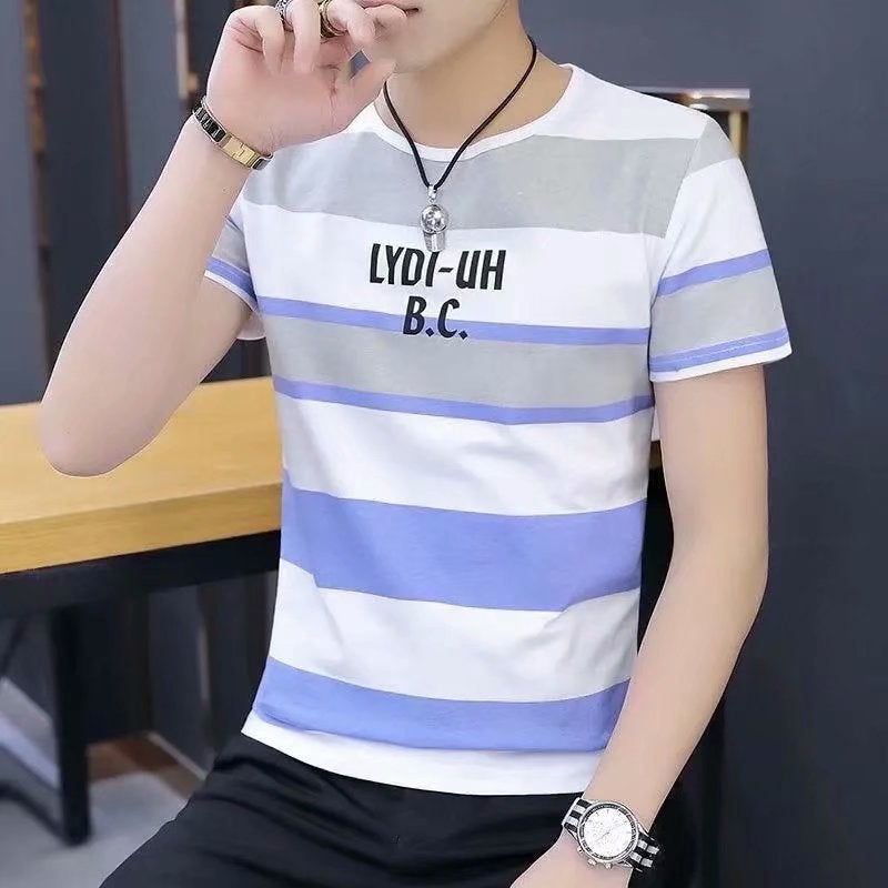 Summer Men'S Short Sleeve T-Shirt Round Neck Trendy Base Shirt Stall Supply Korean Men'S Striped Slim Fit Casual Shirt - Image 5
