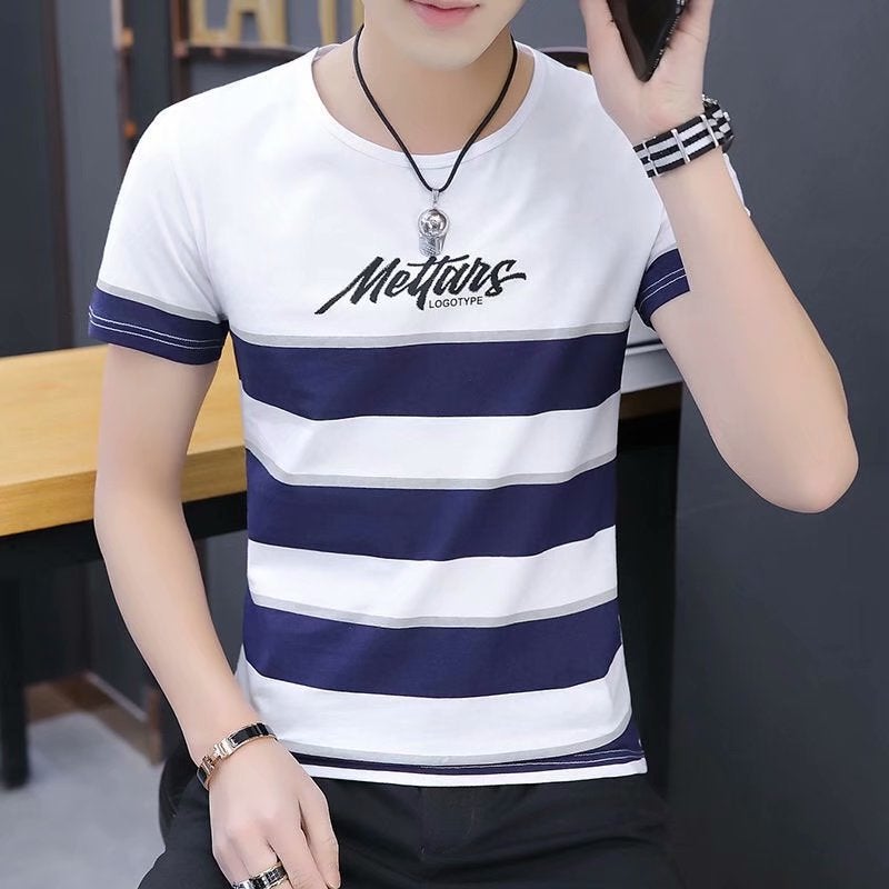 Summer Men'S Short Sleeve T-Shirt Round Neck Trendy Base Shirt Stall Supply Korean Men'S Striped Slim Fit Casual Shirt - Image 1