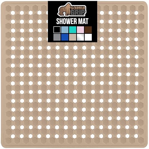 GORILLA GRIP Patented Square Shower Stall Mat, Small Bathtub Floor Mats for Stand Up Showers, Suction Cups and Drainage Holes, Machine Wash, Soft on Feet, Bathroom Accessories 21x21 Inch, Beige Opaque - Image 1