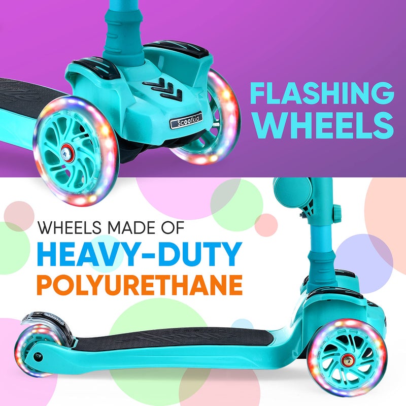Hurtle Kids Scooter - Child Toddler Kick Scooter Toy with Foldable Seat - 3 Wheel Scooter with Adjustable Height, Anti-Slip Deck, Flashing Wheel Lights, for Boys/Girls 1-12 Year Old, Teal - Image 4