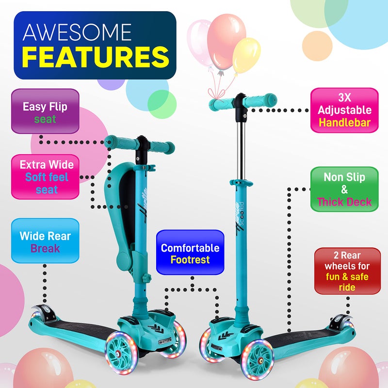 Hurtle Kids Scooter - Child Toddler Kick Scooter Toy with Foldable Seat - 3 Wheel Scooter with Adjustable Height, Anti-Slip Deck, Flashing Wheel Lights, for Boys/Girls 1-12 Year Old, Teal - Image 2
