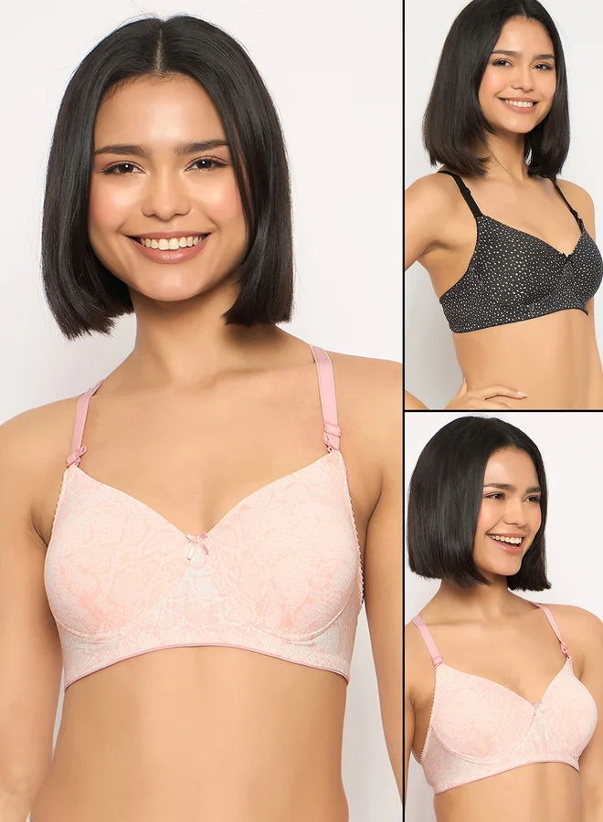 Clovia Clovia Pack of 2 - Printed Padded Non-Wired Full Coverage Multiway T-Shirt Bra