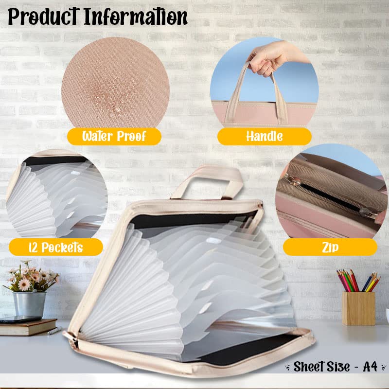 FunBlast محفظة ملفات بحجم A3 مع قفل سحاب - حقيبة تخزين ملفات بـ 12 جيب، حقيبة تنظيم ملفات السفر، حامل ملفات الفنانين/الشهادات (خوخي) - Image 2