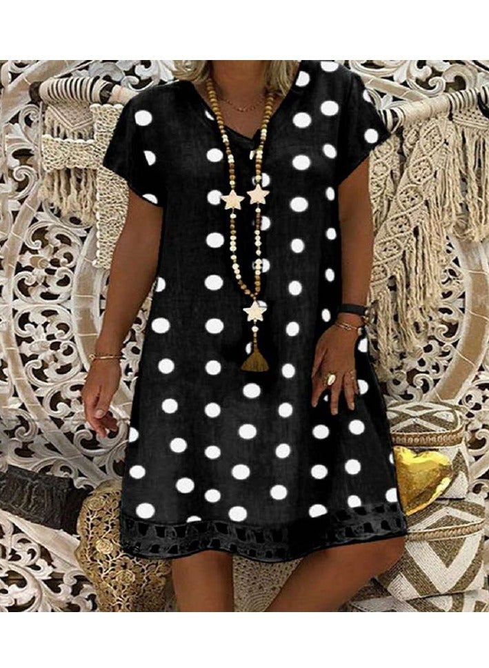 NIBEMINENT Women Boho Dot Printed V-Neck Dress Ladies Summer Fashion Casual Loose Short Sleeve Dresses - Image 1