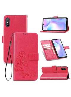 HuHa Case Cover For Xiaomi Redmi 9A Four-leaf Clasp Embossed Buckle Horizontal Flip TPU + PU Leather Case with Lanyard & Card Slot & Wallet & Holder Magenta 