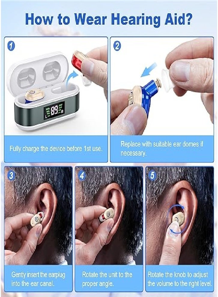 Mini wireless noise-canceling hearing aid for seniors, HD digital display, large-capacity battery charging case (red and blue) - Image 4